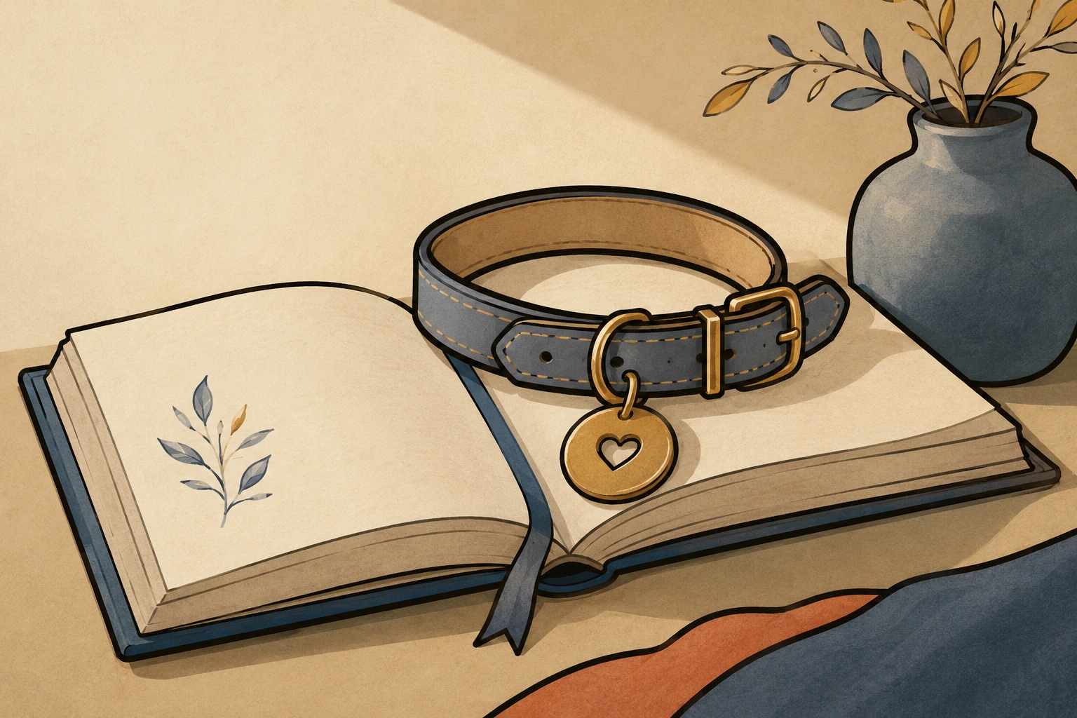 Un collier de chien et sa médaille posés sur un livre ouvert, près d'un vase
